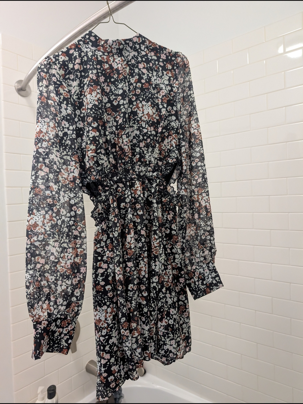 Lulu's Black Multi Floral Long-Sleeve Ruffle Waist Dress